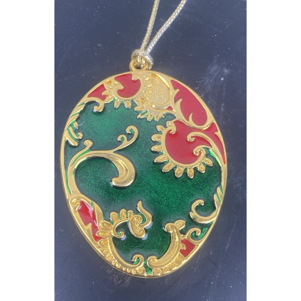 Christmas Vtg 1995 Gloria Duchin Egg Enamel Painted Ornament Green & Red